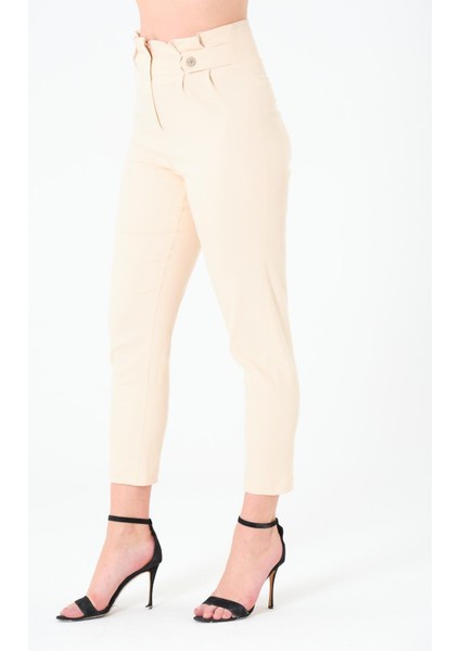 Kadın Yüksek Bel Düğme Detay Bilek Boy Pileli Gabardin Açık Bej Pantolon fiyatları