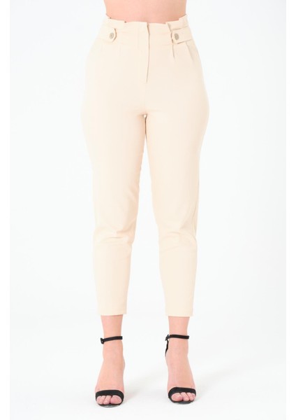 Kadın Yüksek Bel Düğme Detay Bilek Boy Pileli Gabardin Açık Bej Pantolon modelleri