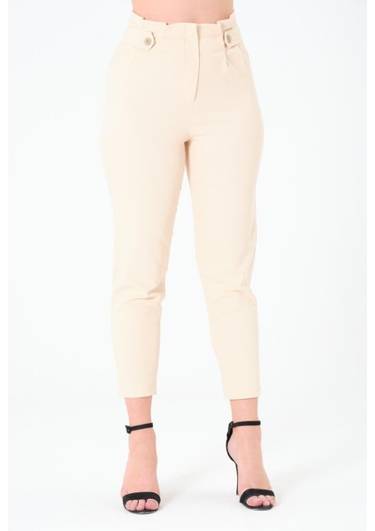 Kadın Yüksek Bel Düğme Detay Bilek Boy Pileli Gabardin Açık Bej Pantolon fırsatları