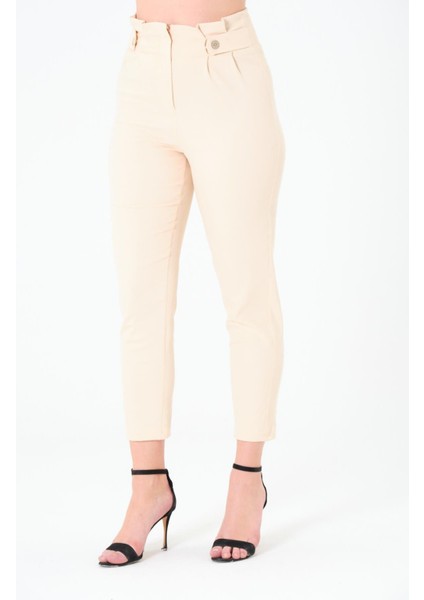 Kadın Yüksek Bel Düğme Detay Bilek Boy Pileli Gabardin Açık Bej Pantolon indirimleri