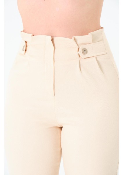 Kadın Yüksek Bel Düğme Detay Bilek Boy Pileli Gabardin Açık Bej Pantolon