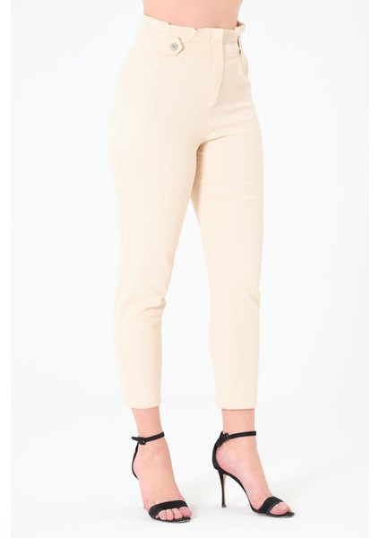 Kadın Yüksek Bel Düğme Detay Bilek Boy Pileli Gabardin Açık Bej Pantolon