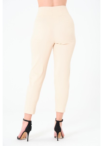 Kadın Yüksek Bel Düğme Detay Bilek Boy Pileli Gabardin Açık Bej Pantolon