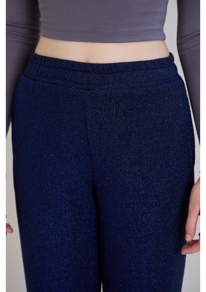 Simli Örme Regular Kalıp Boru Paça Triko Pantolon Indigo