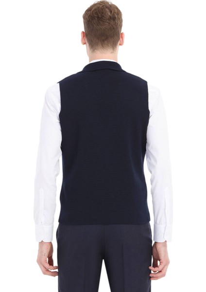 Lacivert Regular Fit Kelebek Yaka Casual Örme Triko Yelek