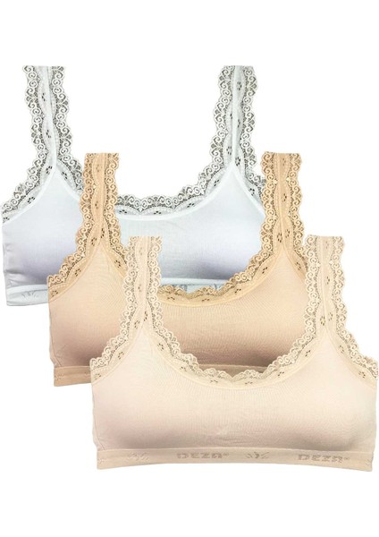 3 Adet Dantel Nakış Işlemeli Pedli Bambu Kadın Büstiyer Beyaz Ten Krem