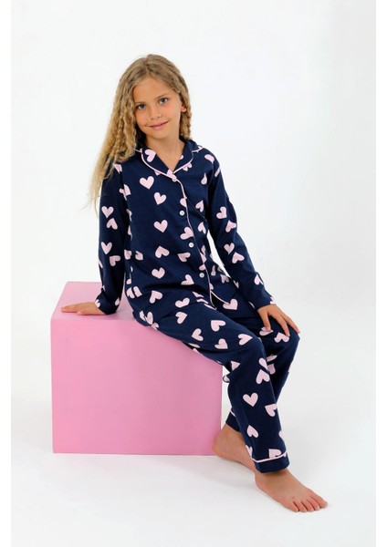 Kız Çocuk Uzun Kollu %100 Pamuklu Düğmeli Pijama Takımı Heartie
