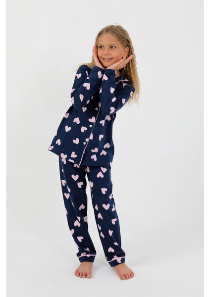 Kız Çocuk Uzun Kollu %100 Pamuklu Düğmeli Pijama Takımı Heartie