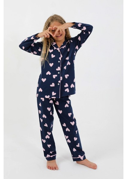 Kız Çocuk Uzun Kollu %100 Pamuklu Düğmeli Pijama Takımı Heartie
