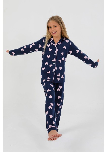 Kız Çocuk Uzun Kollu %100 Pamuklu Düğmeli Pijama Takımı Heartie
