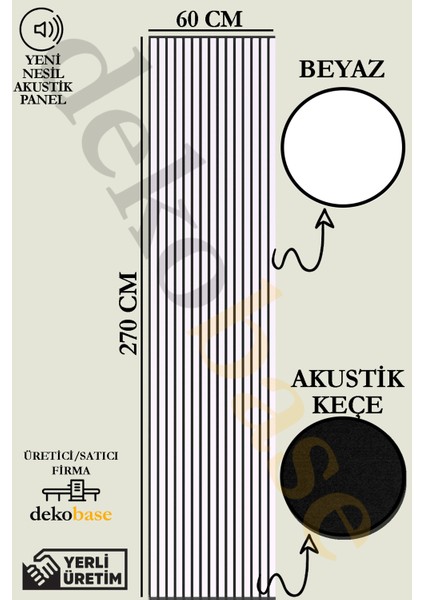 60x270 cm Beyaz Renk Akustik Ahşap Duvar Paneli