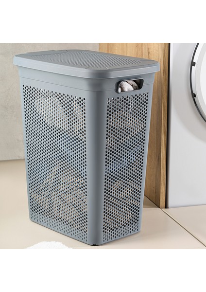 40 Litre Kirli Çamaşır Sepeti - Kapaklı Delik Detaylı Stash Slim Kirli Sepeti Banyo Organizer Gri