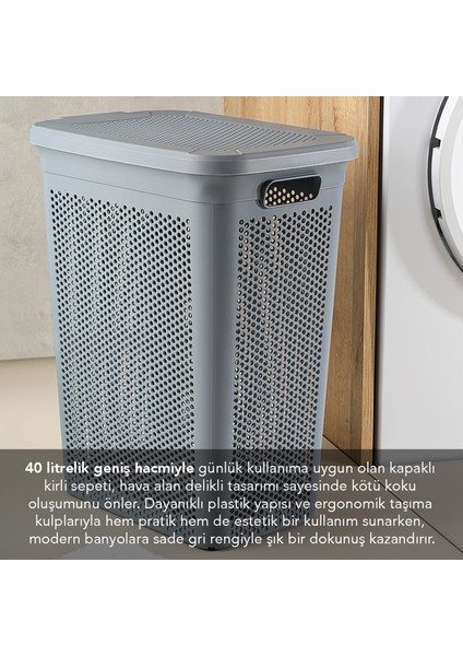 40 Litre Kirli Çamaşır Sepeti - Kapaklı Delik Detaylı Stash Slim Kirli Sepeti Banyo Organizer Gri fiyatları