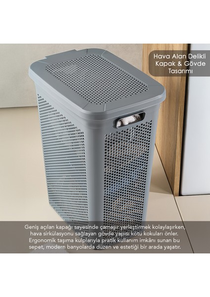 40 Litre Kirli Çamaşır Sepeti - Kapaklı Delik Detaylı Stash Slim Kirli Sepeti Banyo Organizer Gri modelleri