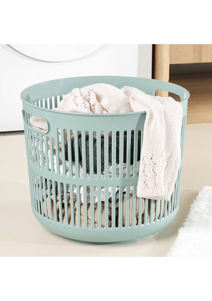 22 Litre Solara Yuvarlak Çamaşır Sepeti - Kulplu Çok Amaçlı Sepet Banyo Düzenleyici Sepet Yeşil