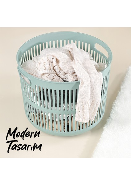 22 Litre Solara Yuvarlak Çamaşır Sepeti - Kulplu Çok Amaçlı Sepet Banyo Düzenleyici Sepet Yeşil fırsatları