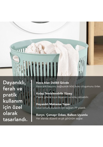 22 Litre Solara Yuvarlak Çamaşır Sepeti - Kulplu Çok Amaçlı Sepet Banyo Düzenleyici Sepet Yeşil indirimleri