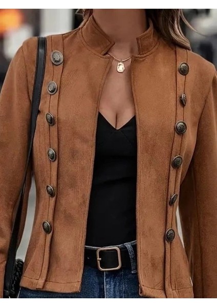 Mdb Kadın Uzun Kollu Hakim Yaka Yanlardan Düğmeli Kısa Süet Ceket fiyatları