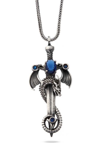 925 Ayar Gümüş Safir Taşlı Ejderha Erkek Kılıç Kolye T7491 (802802)