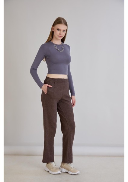 Simli Örme Regular Kalıp Boru Paça Triko Pantolon Kahverengi fiyatları