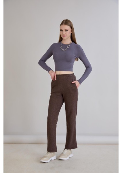 Simli Örme Regular Kalıp Boru Paça Triko Pantolon Kahverengi modelleri