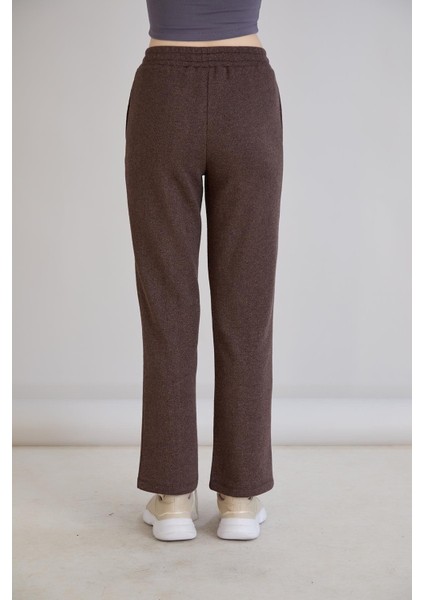 Simli Örme Regular Kalıp Boru Paça Triko Pantolon Kahverengi