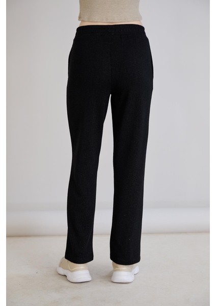Simli Örme Regular Kalıp Boru Paça Triko Pantolon Siyah
