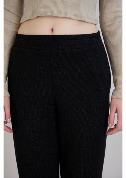 Simli Örme Regular Kalıp Boru Paça Triko Pantolon Siyah