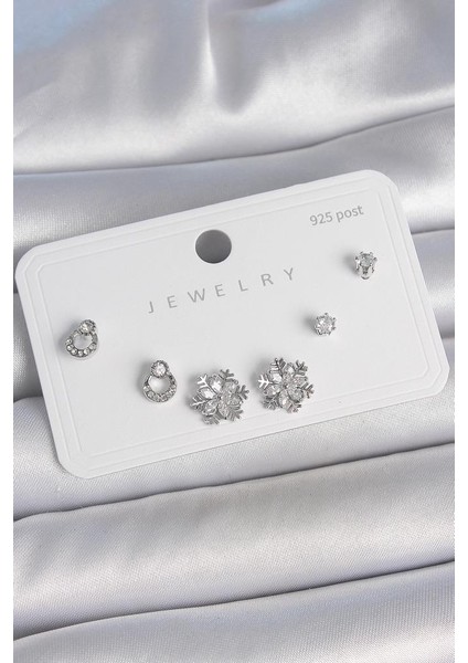 Pirinç Gümüş Renk Zirkon Taşlı Kar Tanesi Model 925 Ayar Gümüş Çivi Kadın Küpe Seti - BKP10483 (802802)