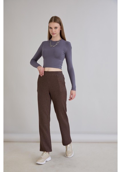 Simli Örme Regular Kalıp Boru Paça Triko Pantolon Kahverengi