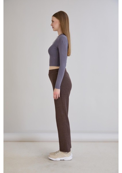 Simli Örme Regular Kalıp Boru Paça Triko Pantolon Kahverengi indirimleri