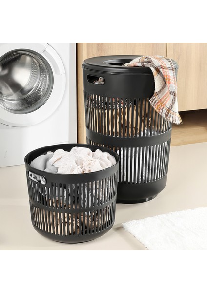 2'li Solara Çamaşır Sepeti Seti - 60 Lt Kapak Detaylı Kirli Sepeti, 22 Lt Çamaşır Sepeti Siyah