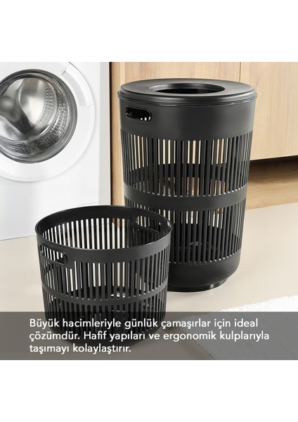 2'li Solara Çamaşır Sepeti Seti - 60 Lt Kapak Detaylı Kirli Sepeti, 22 Lt Çamaşır Sepeti Siyah fiyatları