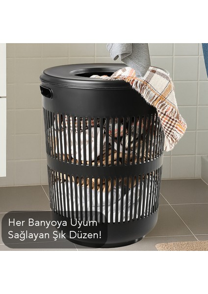 2'li Solara Çamaşır Sepeti Seti - 60 Lt Kapak Detaylı Kirli Sepeti, 22 Lt Çamaşır Sepeti Siyah indirimleri