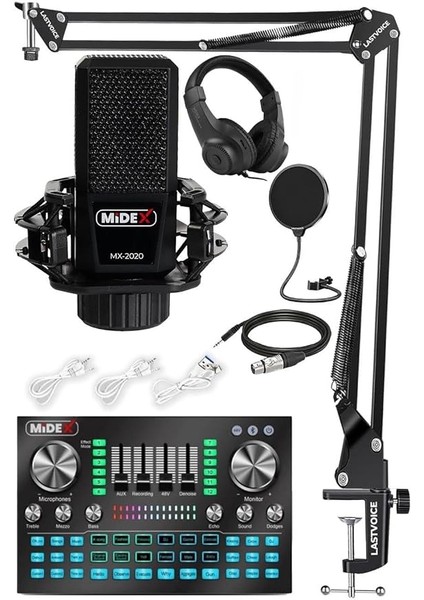 MX-2020 Diamond Set Efektli Ses Kartı Mikrofon Kulaklık Stand Kayıt Canlı Yayın Seti (Pc ve Telefon)