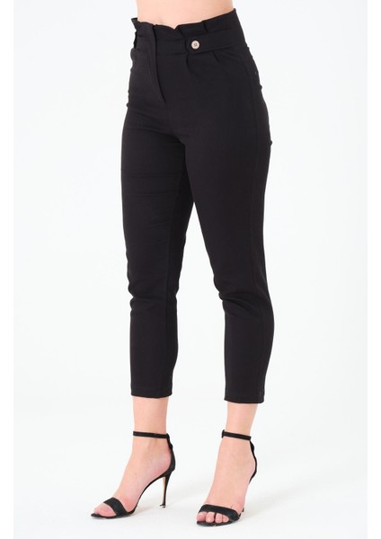 Kadın Yüksek Bel Düğme Detay Bilek Boy Pileli Gabardin Siyah Pantolon