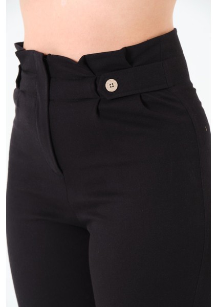 Kadın Yüksek Bel Düğme Detay Bilek Boy Pileli Gabardin Siyah Pantolon