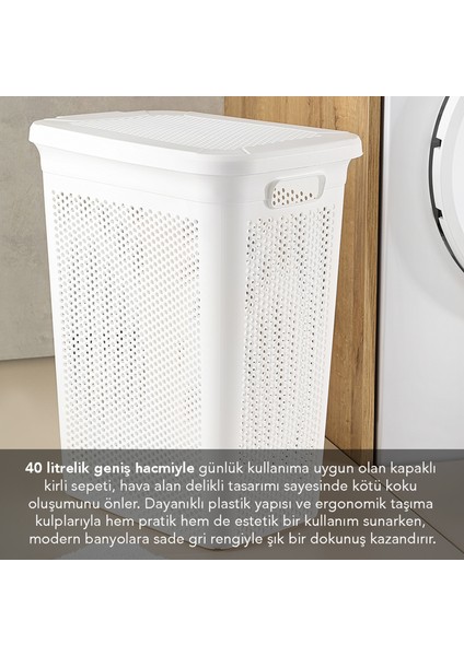 40 Litre Kirli Çamaşır Sepeti - Kapaklı Delik Detaylı Stash Slim Kirli Sepeti Banyo Organizer Beyaz fiyatları