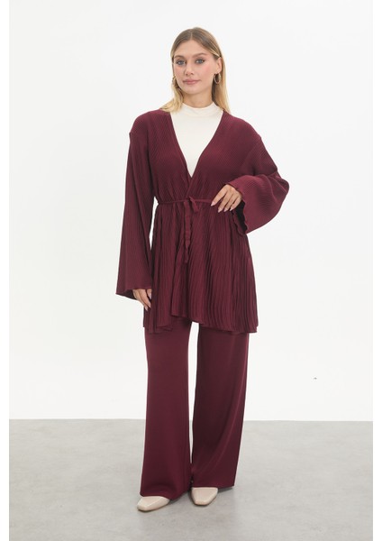 Merserize Kuşaklı Pliseli Takım