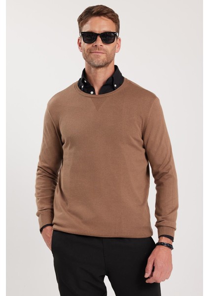 Erkek Standart Fit Normal Kesim Bisiklet Yaka Koyu Vizon Triko Kazak indirimleri