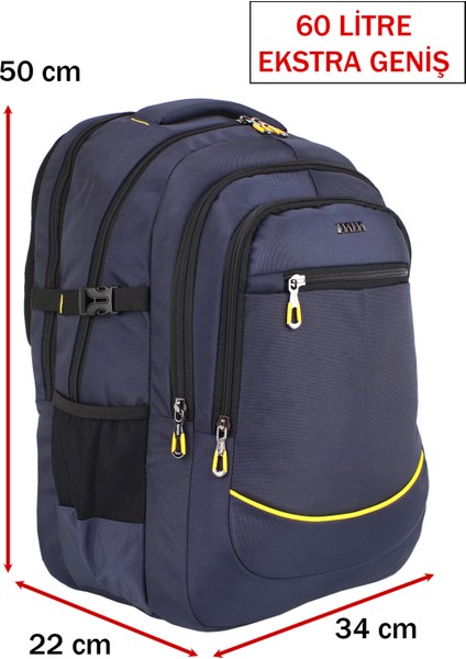 Büyük Boy Erkek Sırt Çantası 60 Litre USB Type-C Aparat Ortopedik Sırt ve Omuz Askısı 15,6/17,3 Inç