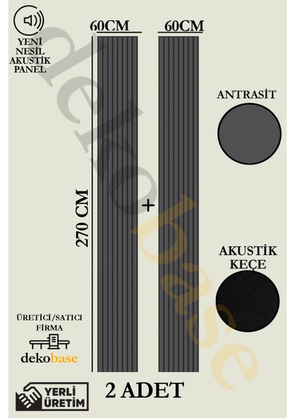Antrasit (2 Adet) 60X270CM Yeni Nesil Akustik Ahşap Duvar Paneli