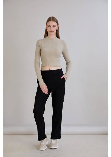 Simli Örme Regular Kalıp Boru Paça Triko Pantolon Siyah
