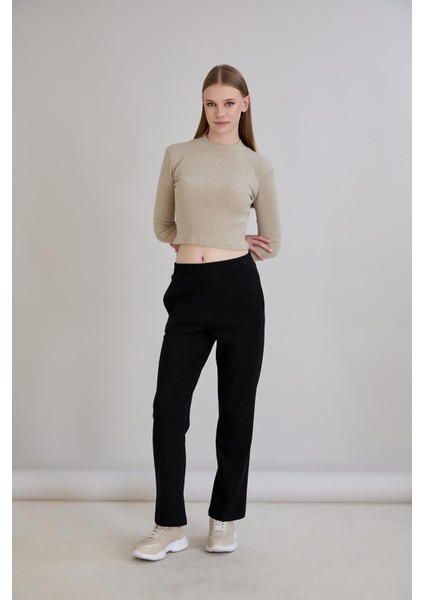 Simli Örme Regular Kalıp Boru Paça Triko Pantolon Siyah modelleri