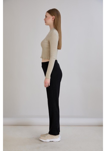 Simli Örme Regular Kalıp Boru Paça Triko Pantolon Siyah indirimleri