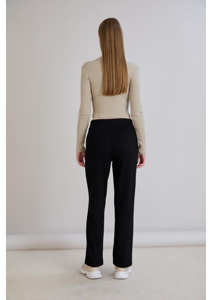 Simli Örme Regular Kalıp Boru Paça Triko Pantolon Siyah