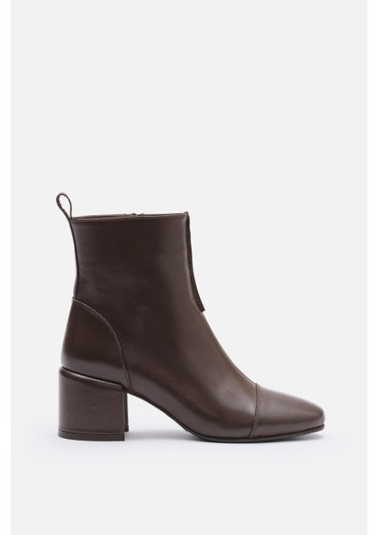 Bestyle Gerçek Deri Kahve Fermuarlı Topuklu Bot