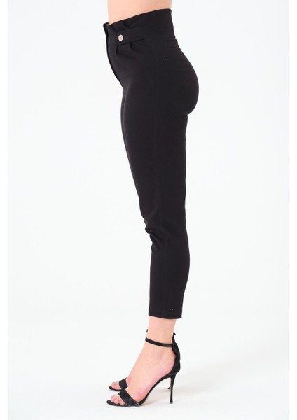 Kadın Yüksek Bel Düğme Detay Bilek Boy Pileli Gabardin Siyah Pantolon fiyatları