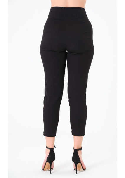 Kadın Yüksek Bel Düğme Detay Bilek Boy Pileli Gabardin Siyah Pantolon modelleri