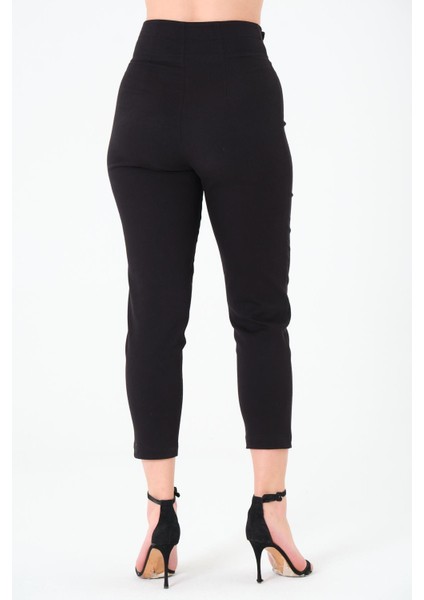 Kadın Yüksek Bel Düğme Detay Bilek Boy Pileli Gabardin Siyah Pantolon fırsatları